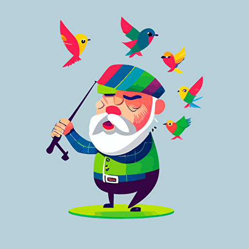 funny, angry old Scottish man with beard and golf hat shooting at birds, playful, brightly coloured, vector, solid colour,
