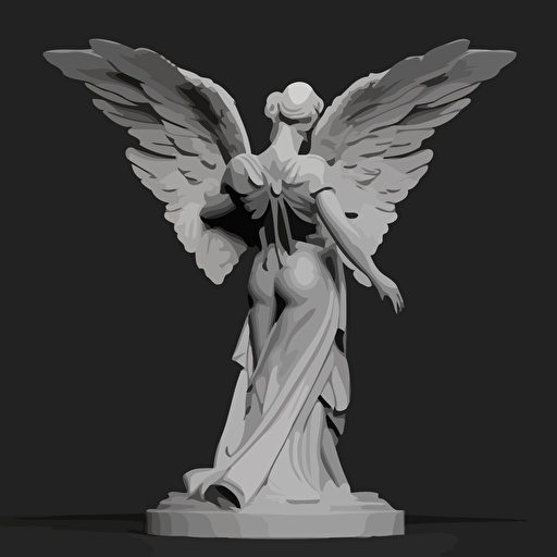 back view, wings of angel statue, illustration Pixar studio style, vector style, grey, v 5
