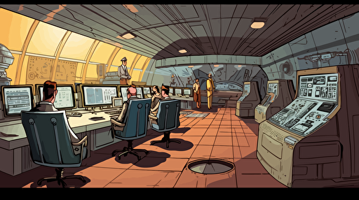 Vector color illustration in retrofuturist style in landscape format, the illustration shows a cabinet room. 10 people are sitting around a long work table on which many work files are placed. A small friendly robot brings in its arms big files. Atmosphere in the style of metropolis of friz lang, and 1984 of George Orwell.