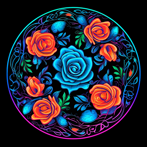 roses, surrounded by leaf motifs in a circluar shape, 2d vector, neon colors, vector design on the edges of the image