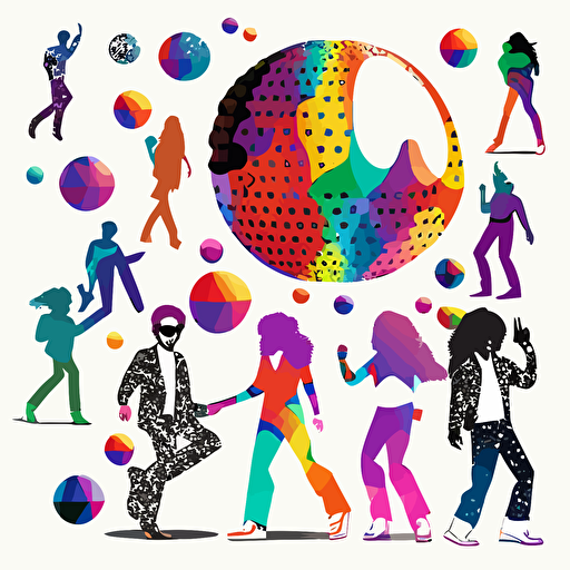 32 spaced out vectors 90s disco themed some people dancing some disco balls some cool typeface no shadows white background