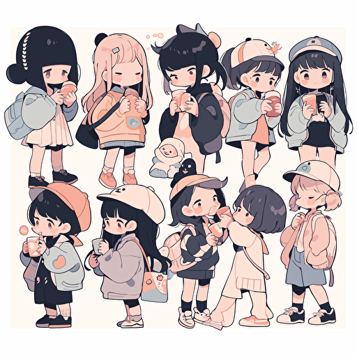 assorted cute drawings of kids, korean style, flat art, vectorized 2D, cartoon style