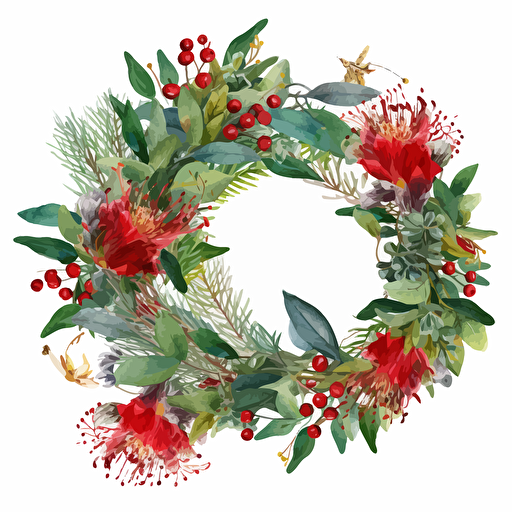 australian christmas wreath on transparent background with australian native flowers, watercolour, vector, clipart, intricate, ultra