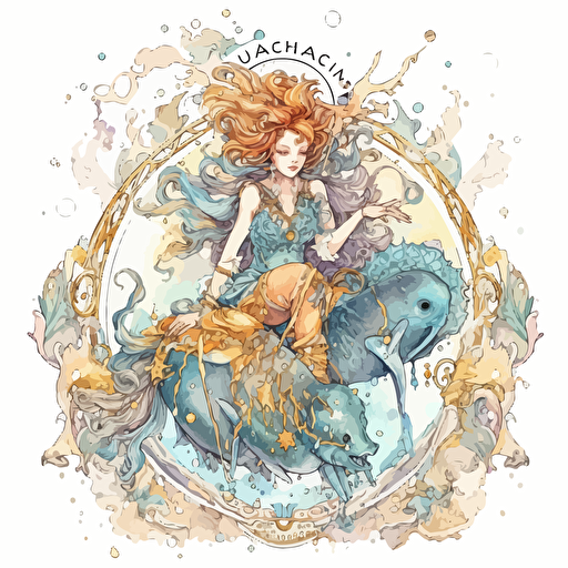 Whimsical Victorian Rococo zodiac Aquarius, detailed, cartoon style, 2d watercolor clipart vector, creative and imaginative, hd, white background