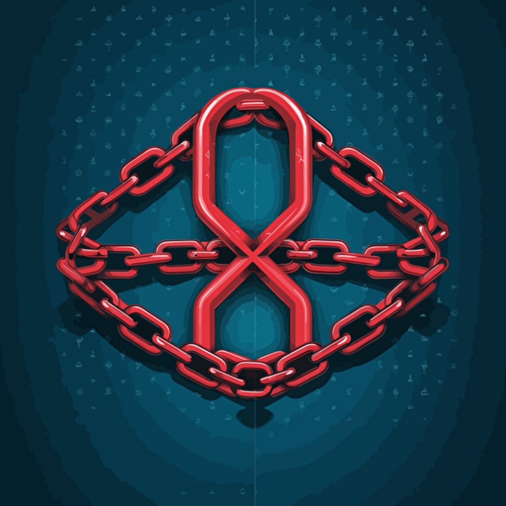 two large chains crossing creating an X formation, a padlock hangs from where the two chains intersect, simple, vector illustration