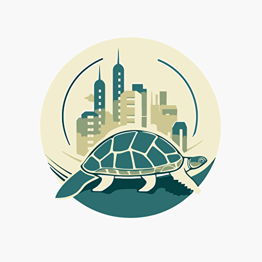 turtle with growing buildings at its shell, circle logo, vector