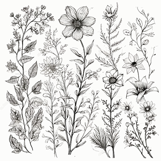 clip art, flowers with branches and leafs, black linework, vector, white background, variations,