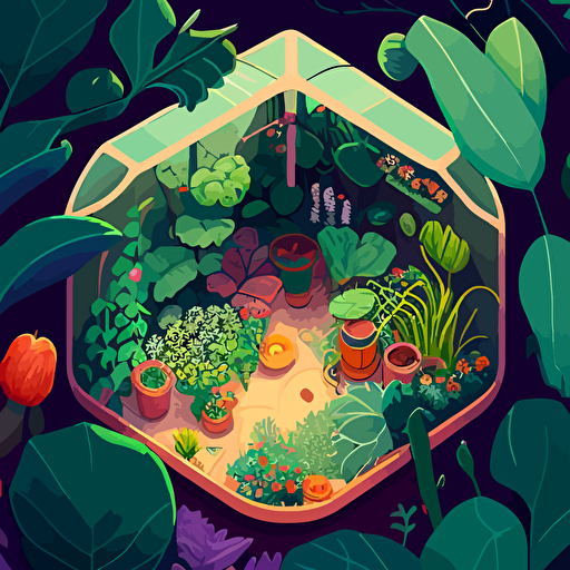 a greenhouse in a vegetable garden, top-down view, 2D, vector art, no-shadow, procreate, quirky visual storytelling, still life, fun, cozy, bloomcore, vibrant colors, cute
