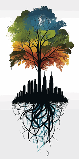Stylized tree with roots and branches forming the shape of the Atlanta skyline, bright colors, vector style, white background