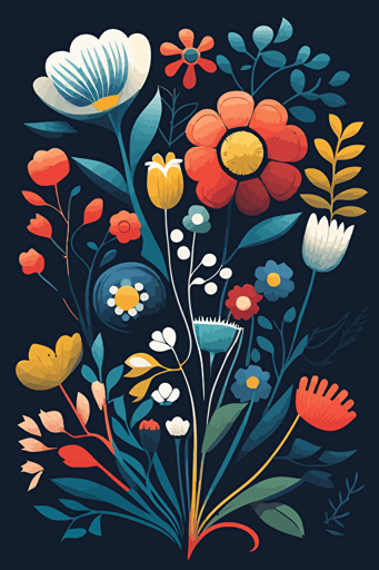 Scandi style flowers in bloom, vibrant colours, vector