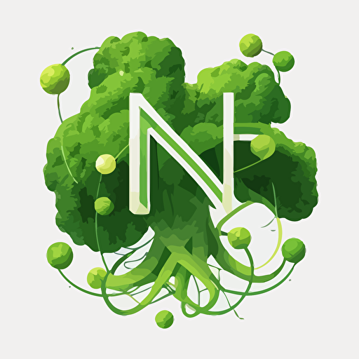brocoli with four electrons orbiting around, the letters N and S in front and intertwine, logo, vector, minimal, flat, no background