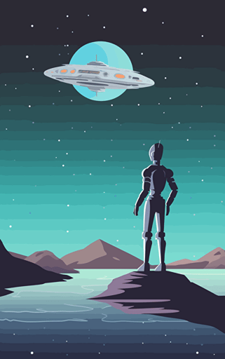 flat vector 80s illustration of a grey alien stood next to a sports spaceship, arms folded, looking at the milky way over an alien sea