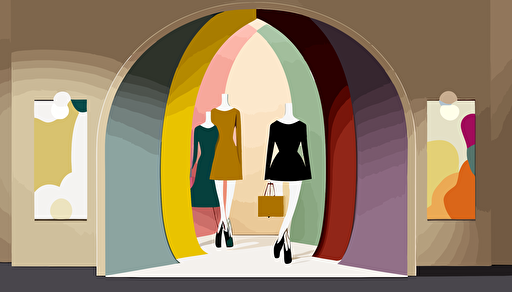 Entrance to a fashion store in a mall with an whitelabeled display above the door, in the style of lively tableaus, li-core, colorful, vectorized