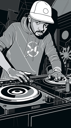 an abstract, comic-style vector party flyer image of a funk and soul dj playing vinyl records on a technics 1210 in a small club, leave empty monotone space for flyer details