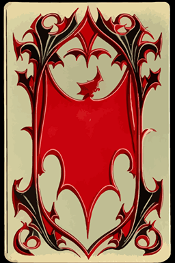 A card back, in the style of [Gothic], featuring [arched shapes], [deep red], [dark gray], and [stylized bats]. Drawn all the way to the edges with no background visible. The card back should have a unique design, with elements of symmetry and repetition, Flat with no shadow, no script, vertical symmetry, while still maintaining a cohesive look and feel. The overall design should evoke a sense of [spooky mystery], sophistication, and [gothic elegance], The final product should be high-quality, vector artwork, suitable for printing on the backs of standard playing cards.