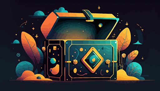 "Amid the lively atmosphere of a digital exchange, a distinctive digital treasure chest stands unwavering, decorated with rich patterns and colors, tightly enveloped by an aura of ownership and security, with digits and symbols intertwining into a sparkling starry sky, highlighting the unique position of NFTs in the blockchain trading ecosystem. Flat illustration, UI illustration, GUI, Minimalism, dark background, vector, trending on Dribbble, Pinterest