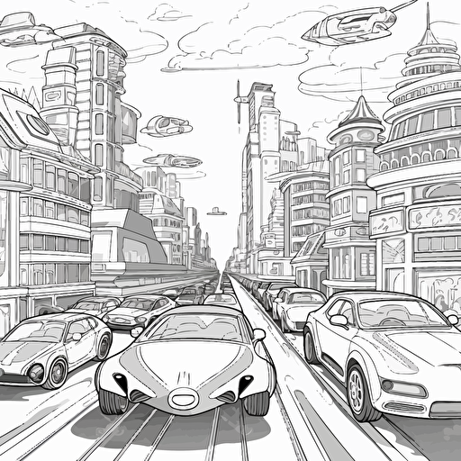 Futuristic City. Many Flying Cars. No Shading. Cartoon. Coloring page. Vector. Simple.