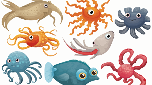 a set of real sea creatures with face, for preschoolers, to cut out, vectorized, colourful, over white background