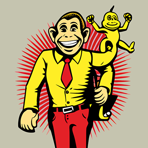 an anthropomorphic banana with a monkey in its hand, vector art ,