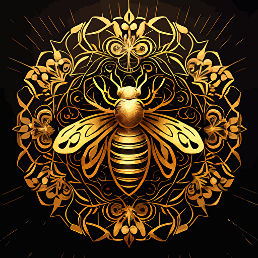 a vector logo of an elegant golden honeybee surrounded in tribal mandala