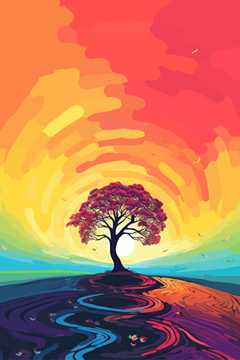Beautiful landscape with a single large tree in the centre, Vivid rainbow colours. Vector styled