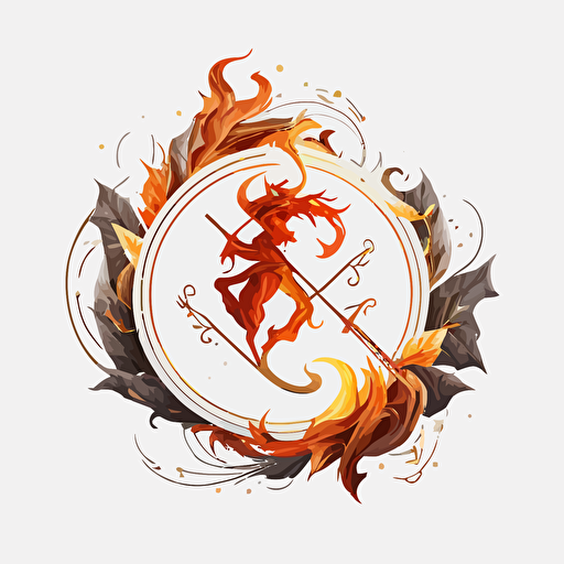 flat vector logo of sagittarius, flame, circle, simple, clean, brevity, white backgound, rococo art