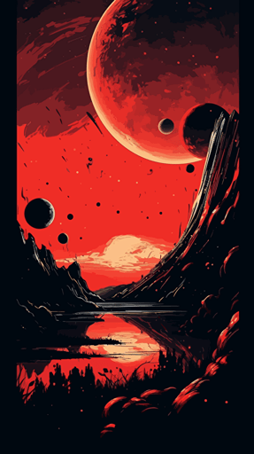 a red and black planet in space, vivid, multiple moons, flat vector illustration