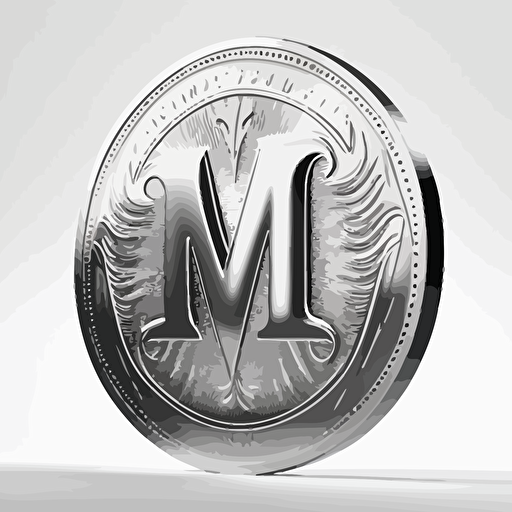 silver coin with magical air hovering vertical M etched in sans serif font as vector for logoo