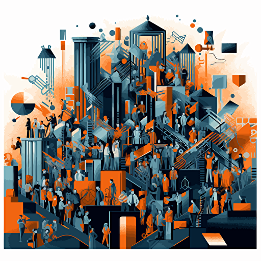 a vector image of education reaching many adults, blue and orange and dark gray, graffiti style