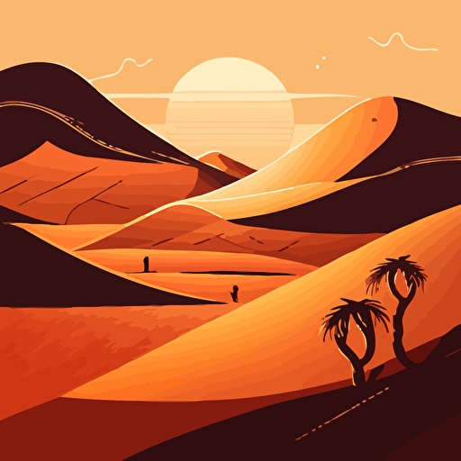 minimal vector illustration of desert dunes with warm sunset lighting
