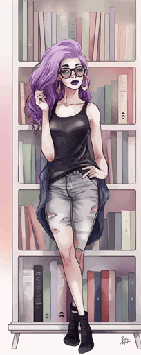 watercolor vector art, pastel colors, abstract, pretty skinny short black teen in playful stylish dress reads next to bookshelf, purple hair, glasses, pink clothes, highly detailed, joyful, beautiful, white empty background ,