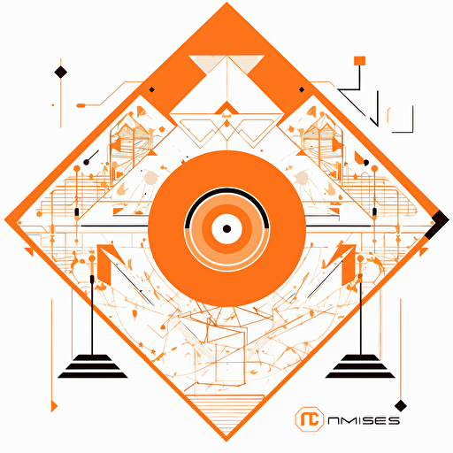 2D vector Music Vinil in minimalism geometry cyberpunk style. Colors: orange & white background