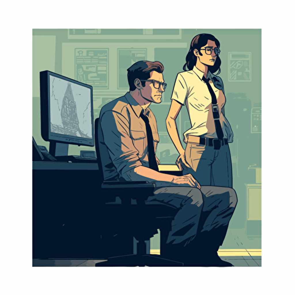 clark kent, concept art, vector drawing, simple color palette, sitting down in front of a computer, two people, security guard looking over shoulder