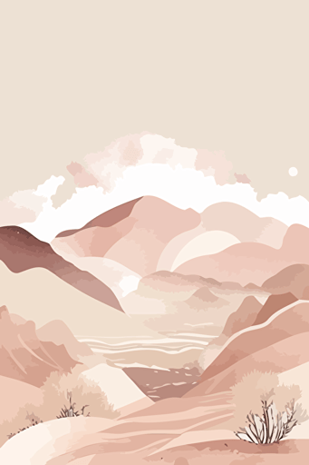 Dusty pink and beige watercolour landscape, minimalist, vector, contour