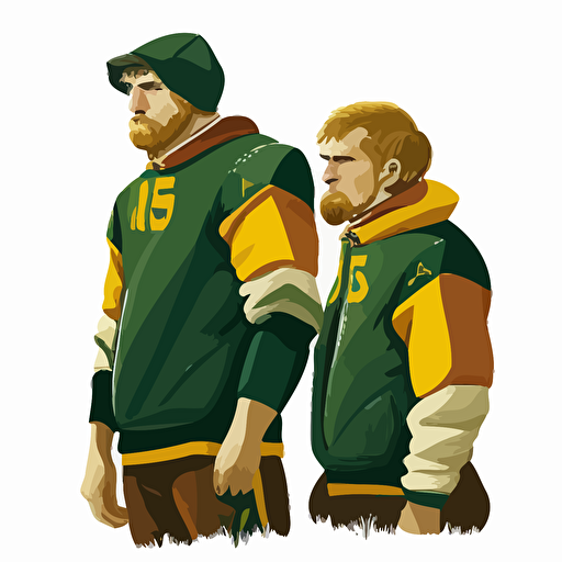 two brothers, Brozen Tundra, Siberia, looking tough,champions, wearing green and yellow, wearing an oblong brown football, sports logo style, white background, vector