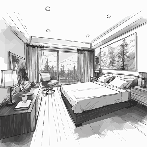 modern bedroom vector line drawing ar 16:9