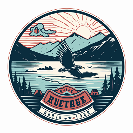 logo with 4th of July celebration on a lake beach with blue ridge mountains in the background , 1 color, vector, silhouette, white background, dribbble, behance, brand