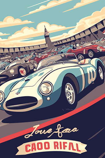1960's car racing sport event in cartoon vector style clear light colours,