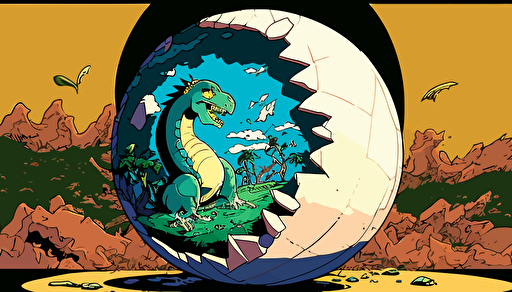 a panel with a Shōnen manga style depicting a big egg buried in the terrestrial mantle it is dissolving and turning into petroleum, around it we see bones of various dinosaurs, color pop, flat vector art, bright colors, high resolution