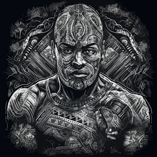 hyper detailed vector illustration of mayan mma fighter shadowboxing, black white and grays, black background, poster quality