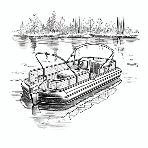 illustration of a pontoon boat on a lake, black ink, vector isolated on white