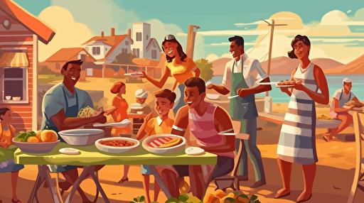a oil painting vector black family picnic, picinic tables, someone cooking on the barbeque grill, bounce house in the background, bbq food on the tables, kids running around, adult plaing cards,