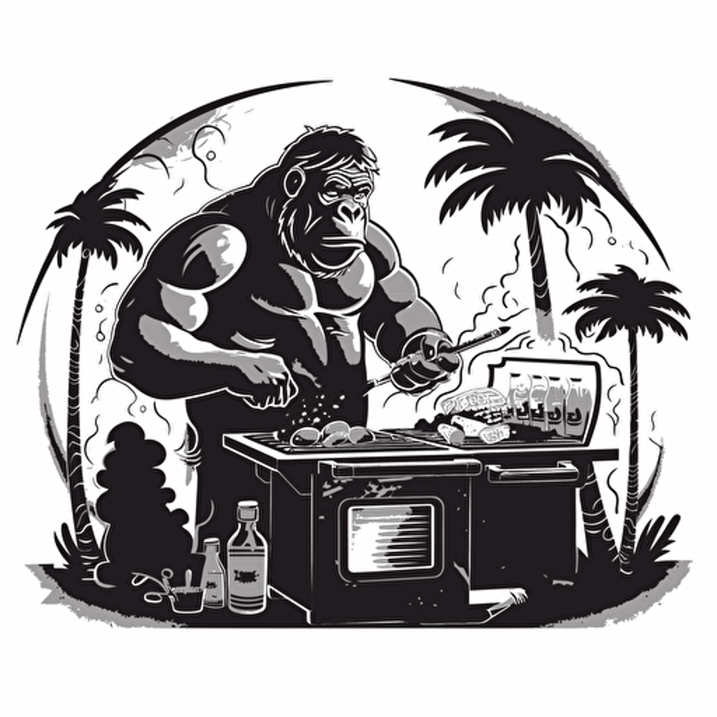 black and white gorilla cooking burgers on a chargrill , vector style with white background