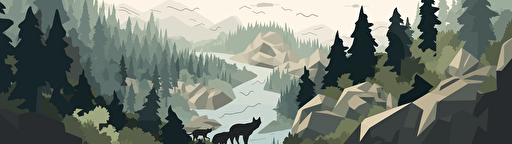 vector illustration, a wolfpack view from a drone, aerial view, forest, rocks
