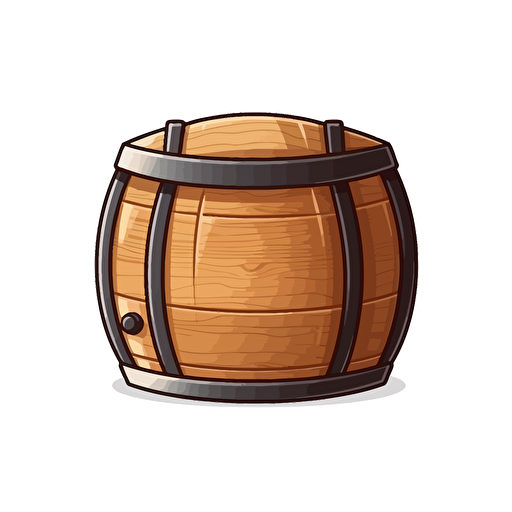 single wooden barrel, simple forms, flatart, 2D vector style, cartoon, white background, side view