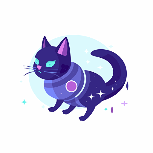 flat 2d vector logo of a space traveling cat for nft collection, minimalist, purple and blue colors