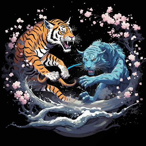 blue Chinese style dragon fighting a giant tiger. Asian style art. High detail. Paint splatter. Drips. Over spray. Cherry blossoms. Vector image. Drawing. Black background.