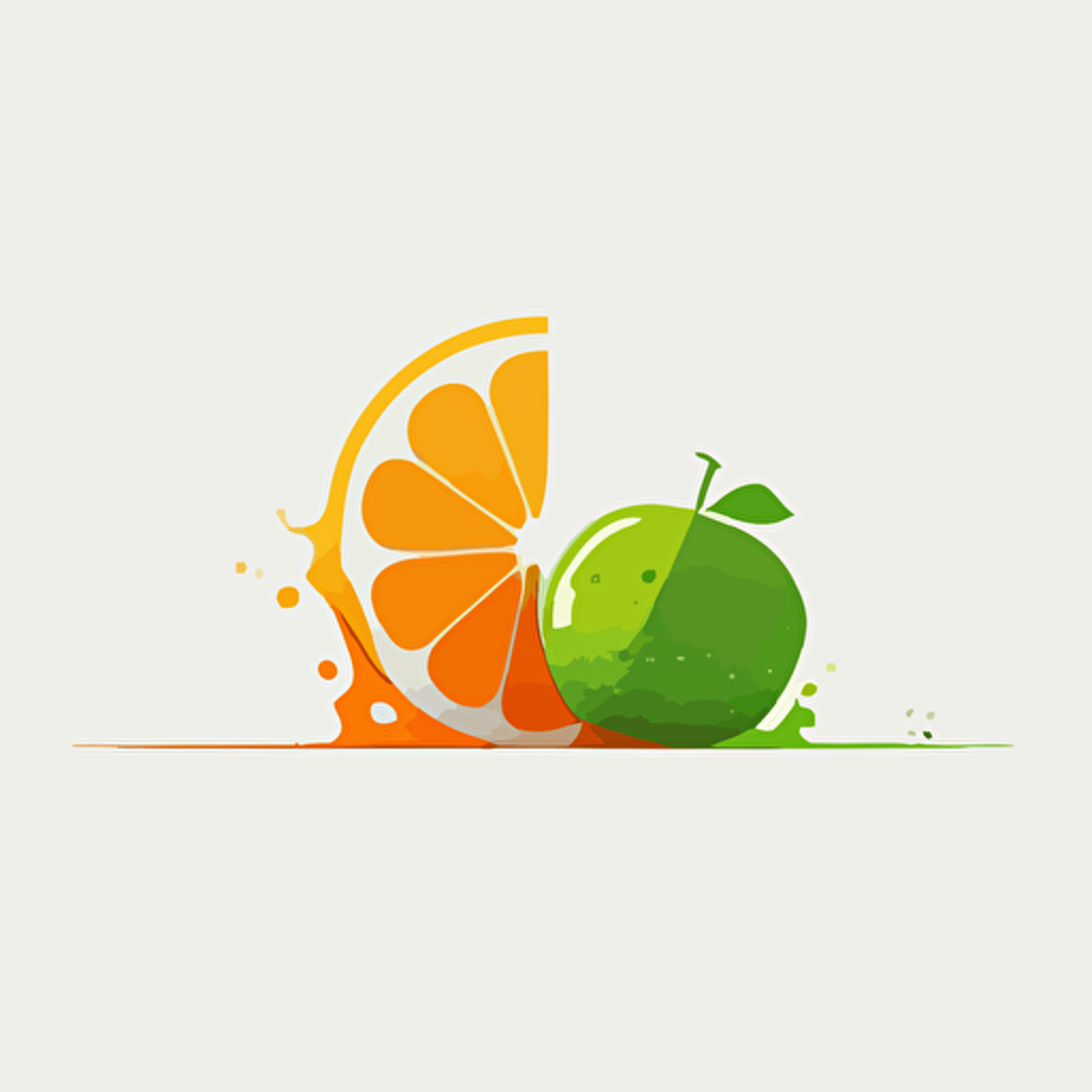 minimalist, orange fruit on the ground with half of a green lime in front, 2d, clean, illustration, vector, white background, cartoon, logo, clean