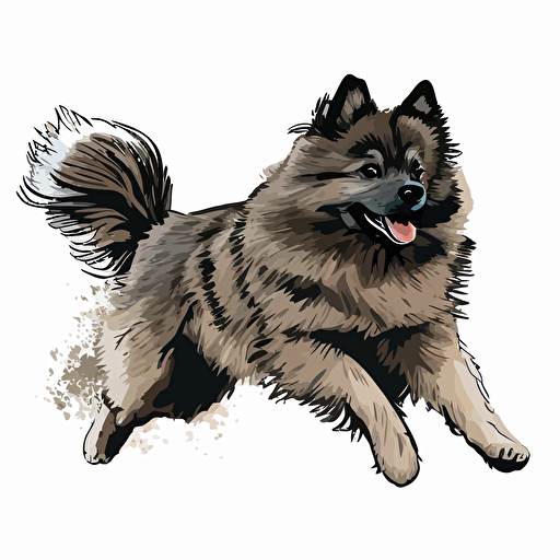 grey and brown, keeshond dog through the air, simple vector art, anime style art, Adobe Illustrator style art, no background, ::