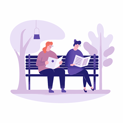two people sitting on a bench each reading a book. Artsy flat vector illustration, light purples, white background